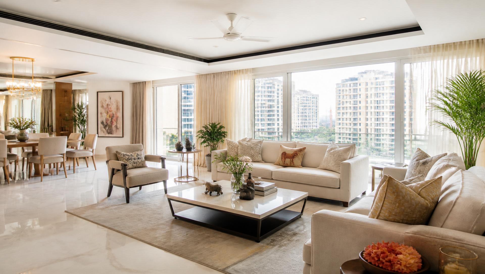 Luxury apartment living space interior in Mumbai by Cozy Home Interiors